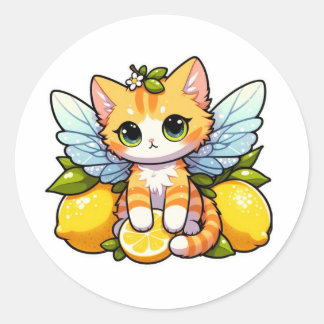Sticker Rond Chat fée mignonne aux citrons