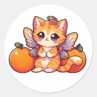 Sticker Rond Chat fée mignonne avec oranges