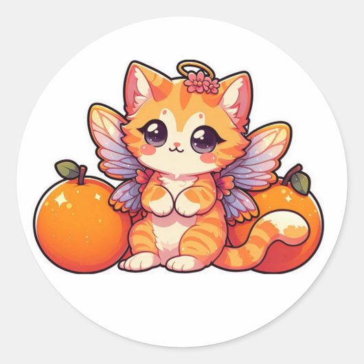 Sticker Rond Chat fée mignonne avec oranges (Devant)