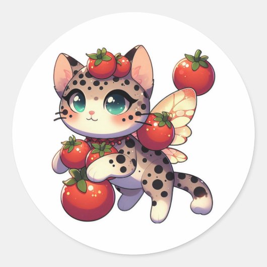 Sticker Rond Chat fée mignonne avec tomates (Devant)