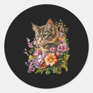 Sticker Rond Chat fleur floral mignon chaton graphique