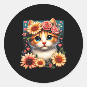 Sticker Rond Chat Fleur Rétro Amour Art Kitten Avec Fleurs Anim