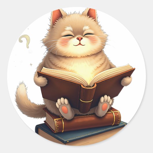 Sticker Rond Chat flottant dans l'espace lisant un livre de con (Devant)