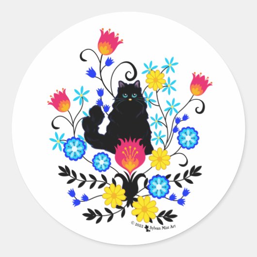 Sticker Rond Chat Fluffy Noir avec Fleurs (Devant)