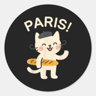 Sticker Rond Chat Français Avec Baguette Chat Mignon Paris Anim
