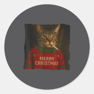 Sticker Rond Chat Fumeur Cigarette Noël Chapeau Santa Chat Meme