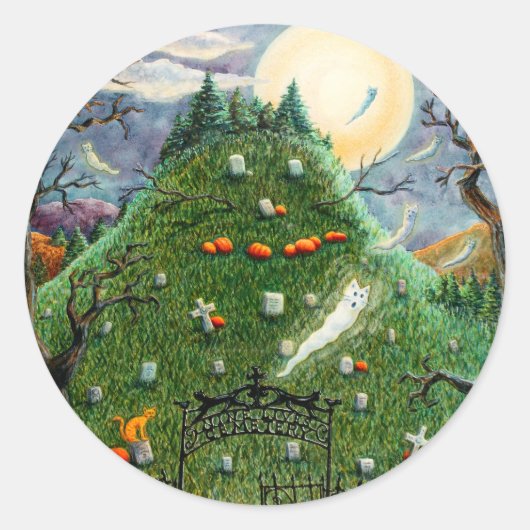 STICKER ROND CHAT GHOSES DANS NEUF CIMETIÈRE DE VIE, ART FOLK É (Devant)