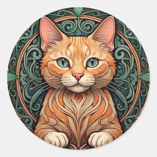 Sticker Rond Chat Ginger Art Nouveau (Devant)