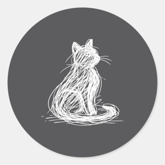 Sticker Rond Chat Gribouillé Minimalisme Ligne Art Japonais  (Devant)