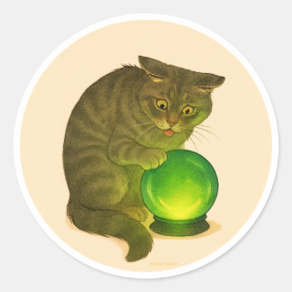 Sticker Rond Chat Gris à poil court avec boule de cristal verte