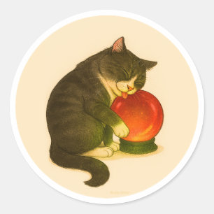 Sticker Rond Chat gris et blanc avec boule de cristal rouge