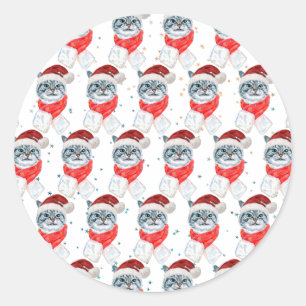 Sticker Rond Chat Gris Tabby Drôle Avec Chapeau De Père Noël No