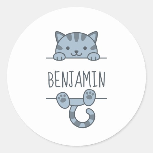 Sticker Rond Chat Gris Tabby Se Cachant derrière un Nom Personn (Devant)