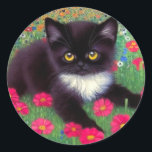 Sticker Rond Chat Gustav Klimt Tuxedo<br><div class="desc">Stickers avec un chat tuxedo Gustav Klimt ! Cette adorable petite chatte noire et blanche est installée dans un champ de fleurs rouges,  bleues,  blanches et oranges. Un cadeau génial pour les amateurs d'art amoureux des chats et autrichiens !</div>