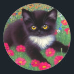 Sticker Rond Chat Gustav Klimt Tuxedo<br><div class="desc">Stickers avec un chat tuxedo Gustav Klimt ! Cette adorable petite chatte noire et blanche est installée dans un champ de fleurs rouges,  bleues,  blanches et oranges. Un cadeau génial pour les amateurs d'art amoureux des chats et autrichiens !</div>