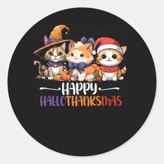 Sticker Rond Chat Halloween Noël Joyeux Hallothanksmans Merci (Devant)
