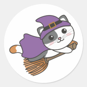 Sticker Rond Chat Halloween Sorcière Enfants Costume sorcier Cl