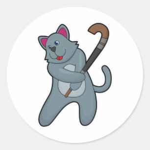 Sticker Rond Chat Hockey avec bâton de hockey