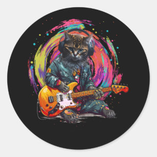 Sticker Rond Chat Jouer Guitare Électrique Rock Heavy Metal Mus