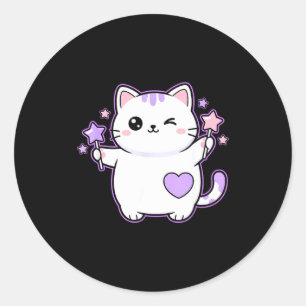 Sticker Rond Chat Kawaii Clin d'œil Chat Baguette Magique Étoil