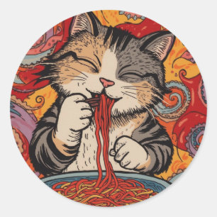 Sticker Rond chat kawaii mangeant des nouilles