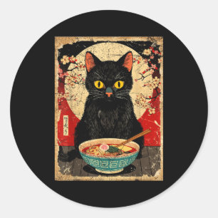 Sticker Rond Chat Kawaii Mangeant Des Nouilles Ramen Cadeau Drô