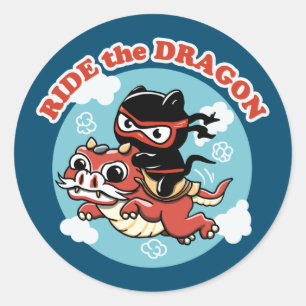 Sticker Rond Chat Kawaii Ninja   Ride Le Dragon