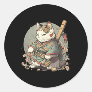 Sticker Rond Chat Kawaii Style Samurai Anime Kitten japonais
