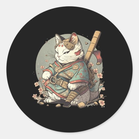 Sticker Rond Chat Kawaii Style Samurai Anime Kitten japonais (Devant)