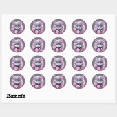 Sticker Rond Chat Kitty et jolies fleurs roses (Feuille)