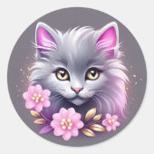 Sticker Rond Chat Kitty et jolies fleurs roses (Devant)