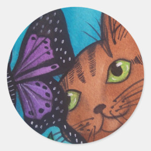 Sticker Rond Chat Kitty et papillon