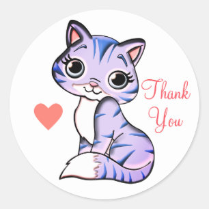 Sticker Rond Chat kitty mignon avec Merci du coeur