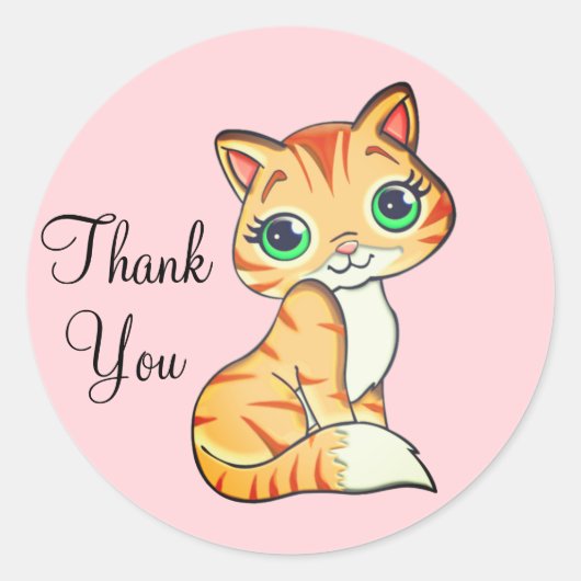 Sticker Rond Chat kitty mignon avec Merci du coeur sur Rose cla (Devant)