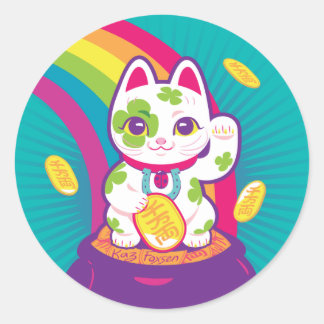 Sticker Rond Chat Lucky Maneki Neko Bon Pot de chance d'or
