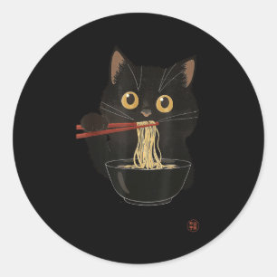 Sticker Rond Chat Mangeant des Ramen Drôle Japonais Kawaii Chat