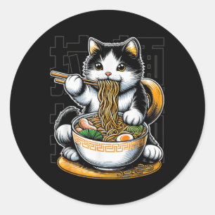 Sticker Rond Chat Manger Ramen Alimentation Amoureux des chats 