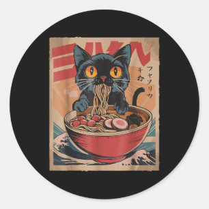 Sticker Rond Chat Manger Ramen Japonais Graphisme Tee - shirt K