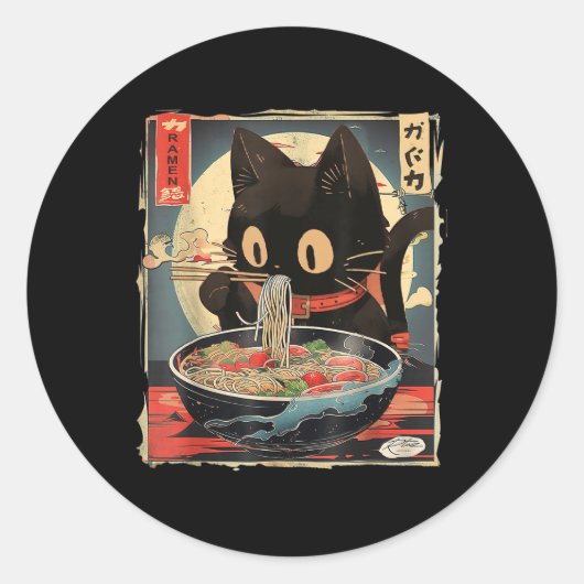 Sticker Rond Chat Manger Ramen Noodle drôle Japonais Kawaii Ani (Devant)