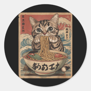 Sticker Rond Chat Manger Ramen nouilles Kawaii Anime Manga Japa