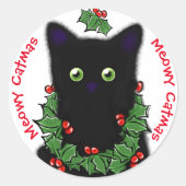 Sticker Rond Chat Meowy Catmas dessin Holly Berries Noël (Devant)