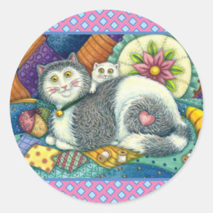 STICKER ROND CHAT MÈRE & CUISINE, QUILTS EN PATCHWORK, PINCUSHI