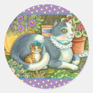 STICKER ROND CHAT MÈRE ET CUISINE, FLEURS POTÉES, BOWS & LACE