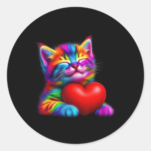 Sticker Rond Chat Mignon Arc-en-Ciel Câlinant Kitty Coeur de la