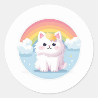 Sticker Rond Chat mignon avec arc-en-ciel et nuages