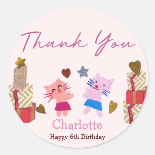 Sticker Rond Chat mignon et cadeaux | Fête d'anniversaire rose (Devant)