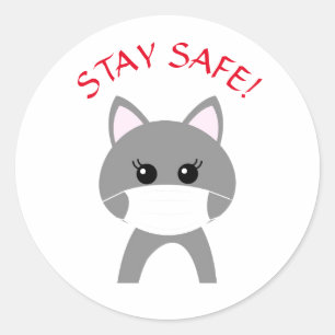 Sticker Rond CHAT MIGNON PORTE MASQUE RESTEZ PRUDENT Autocollan
