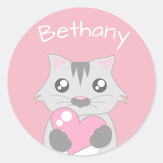 Sticker Rond Chat mignon tenant Coeur rose Personnalisé (Devant)