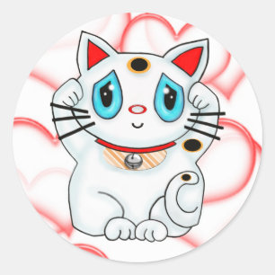 Sticker Rond Chat montrant du doigt chanceux blanc Maneki Neko