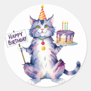 Sticker Rond Chat mou mauve Gâteau d'anniversaire - Anniversair